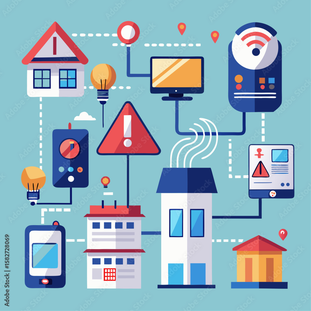 Aufkleber a colorful drawing of a house with a lot of electronic devices and wires. the drawing is meant to re