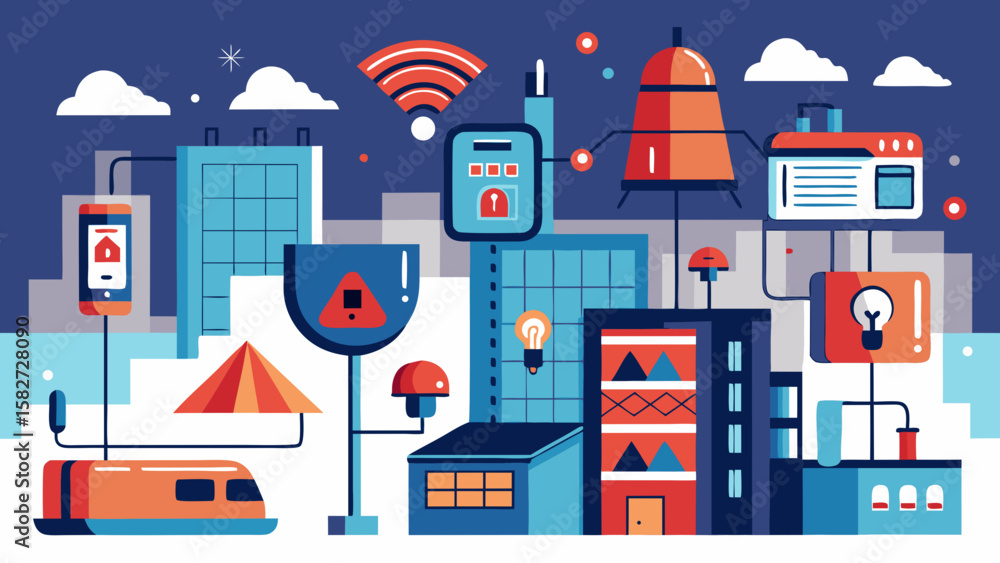 Poster a colorful drawing of a house with a lot of electronic devices and wires. the drawing is meant to re