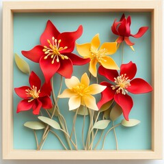 Colorful paper flowers in a decorative frame.