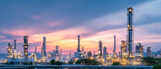 Industrial refinery complex illuminated at dusk with a vibrant sunset sky in the background