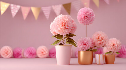 pink party decorations arranged around the edges of a matching pink background creating a festive, cheerful, and coordinated celebration layout