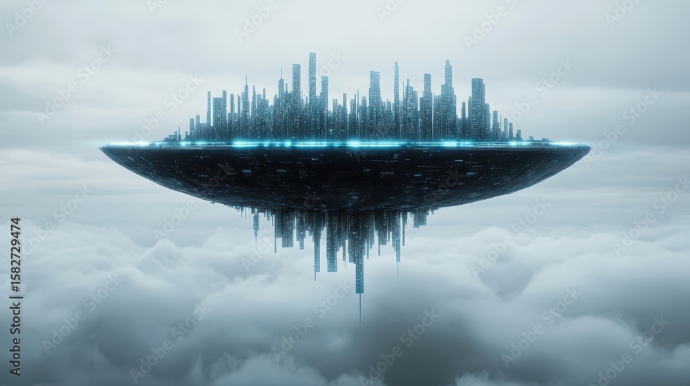 Poster engineer technician mechanical concept. a futuristic floating city above the clouds, showcasing adva