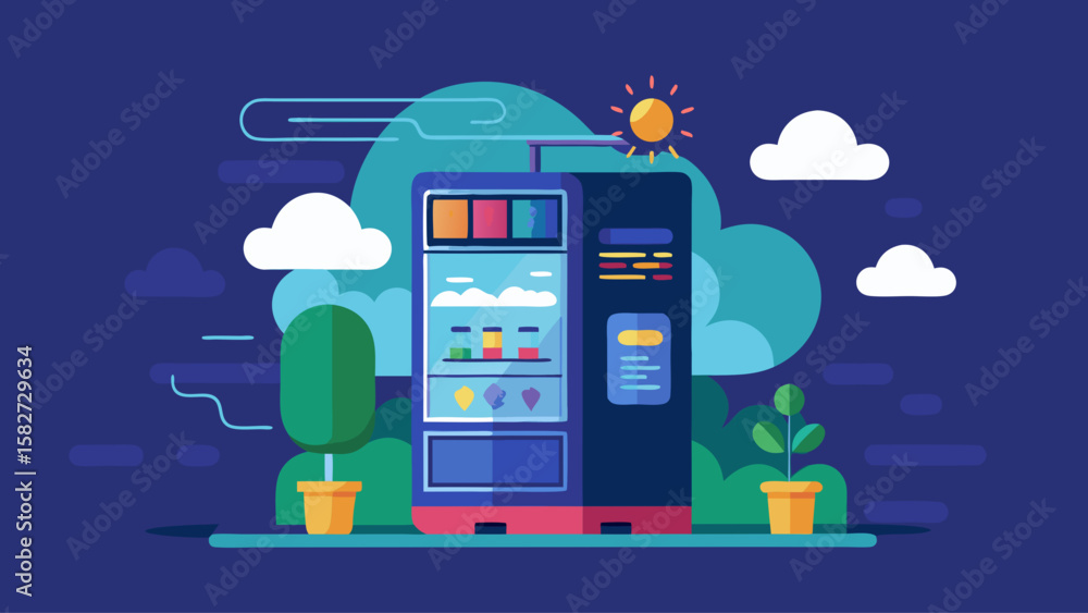 Poster a vending machine with a green plant in front of it. the machine has a blue and red color scheme