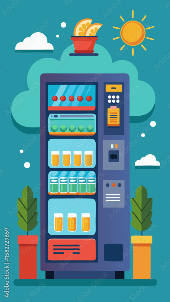 Poster a vending machine with a green plant in front of it. the machine has a blue and red color scheme