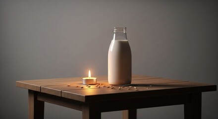 Glass bottle of milk with lit candle on wooden table with grains