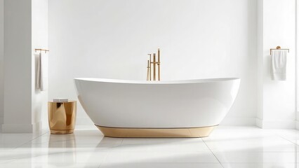 White bathtub with gold accents in a minimalist bathroom with white marble flooring and walls