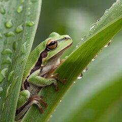 Fototapeta premium A green tree frog rests on a leaf with water droplets. The frog has a smooth skin texture and bright eyes, blending into its lush green environment.