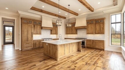 Modern kitchen with island, wood cabinets, beams, window, backyard view