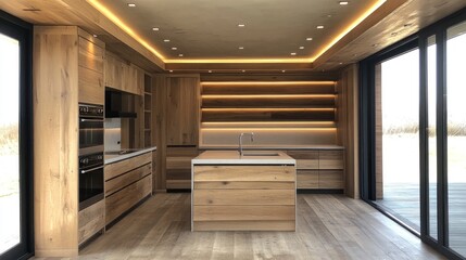 Fototapeta premium Modern kitchen with island, wood cabinets, and outdoor view