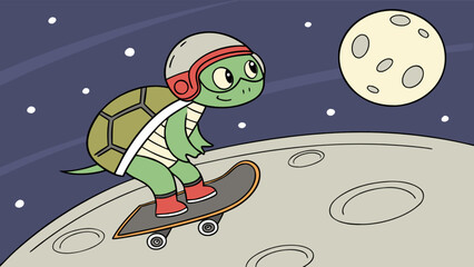 Turtle skateboarding on the moon with helmet in space cartoon illustration vector graphic design