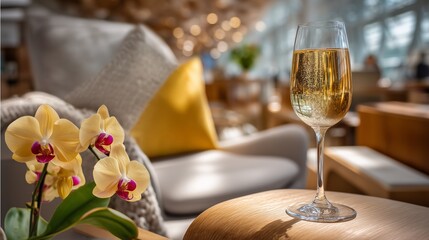 VIP airport drink with photo of first-class airport lounge for commercial use, featuring first-class airport lounge with champagne, ideal first-class airport lounge luxury lifestyle photo. 