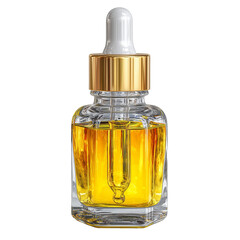 Cosmetic serum bottle with dropper gold lid for beauty skin care product isolated on transparent background