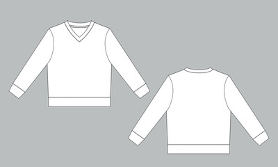 V- neck long sleeve sweatshirt technical drawing fashion flat sketch vector illustration template front and back