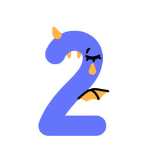 Number 2 with shape of sad dino with wings. Figure two with form of crying monster. Funny letter with cute font for kids learning, education. Flat isolated vector illustration on white background