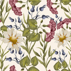 Seamless botanical pattern. Various herbs and flowers, hand-drawn. Vintage vector illustration of flowers. A colorful banner. An idea for wallpaper and textiles. A linear drawing. A botanical set.