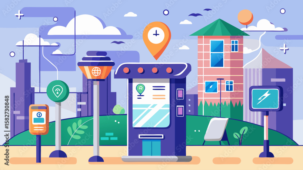 Poster a city scene with a parking meter and a building with a clock on it. the scene is bright and colorfu