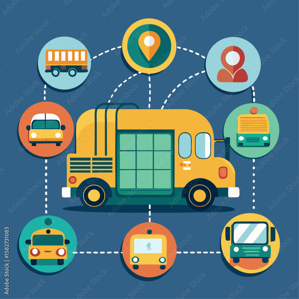 Poster a colorful drawing of a yellow bus with a map on it. the bus is surrounded by other vehicles, includ