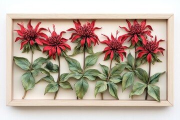 Decorative arrangement of red flowers and leaves in a wooden frame.