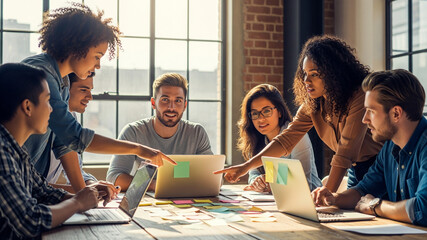 Diverse Team of Young Entrepreneurs Brainstorming in a Modern Co-working Space