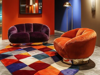 Modern Living Room with Vibrant Velvet Sofas and Colorful Geometric Rug