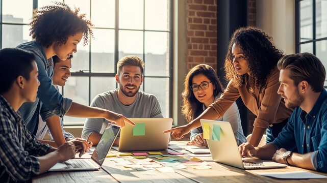 Diverse Team of Young Entrepreneurs Brainstorming in a Modern Co-working Space
