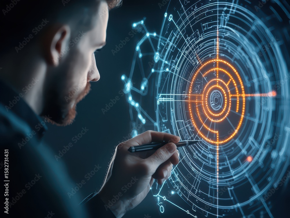 Poster engineer technician mechanical concept. a man interacts with a futuristic digital interface, showcas