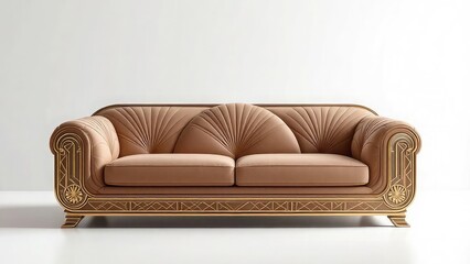 A luxurious brown sofa with gold accents against a plain white backdrop in a studio setting