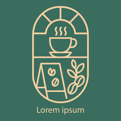 Minimalist Coffee Shop Logo – Line Art Coffee Cup, Signboard & Beans in Window Frame