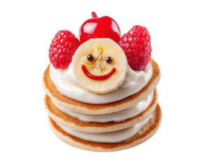 Pancake stack with whipped cream, banana smiley face, raspberry, cherry, and chocolate detail, playful and cheerful breakfast for kids, isolated on transparency background