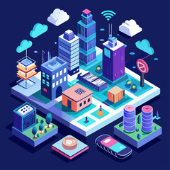 A cityscape with buildings and a cell phone. The buildings are tall and the sky is cloudy