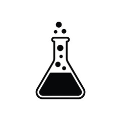 Black and white icon of a bubbling erlenmeyer flask in a science laboratory