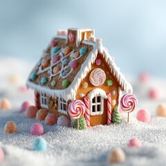 Gingerbread house with candy decorations, on a snowy white tabletop, detailed paper-craft style