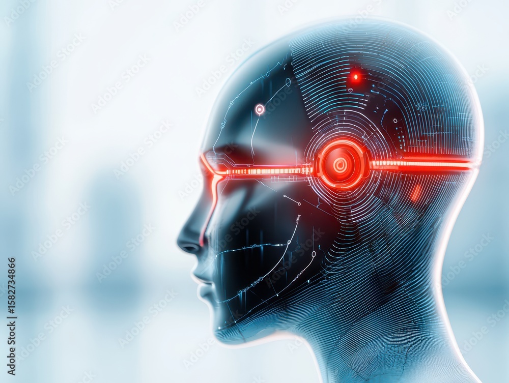 Poster engineer technician mechanical concept. futuristic robotic head with digital circuitry and glowing d