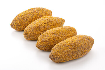 Frozen chicken cutlet in breading, on a white background.
Semi-finished meat products.