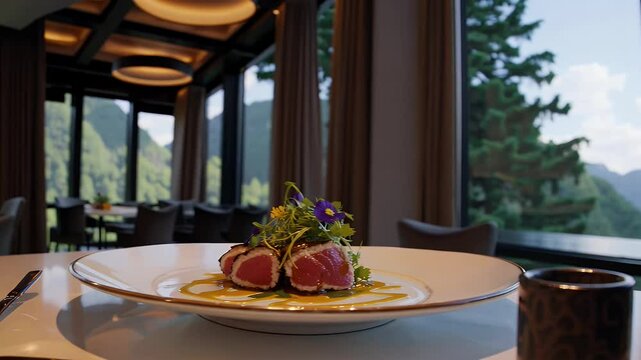 vertical format video of a gourmet meal plated in a chic restaurant near panoramic windows with mountain views and natural daylight highlighting rich textures and fresh ingredients