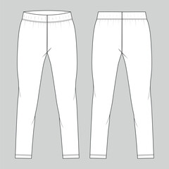 Slim fit Leggings pants fashion flat sketch vector illustration template front, back views. Girls Long Legging mock up for Women's unisex CAD.