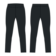 Slim fit Leggings pants fashion flat sketch vector illustration black color template front, back views. Girls Long Legging mock up for Women's unisex CAD.