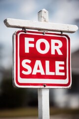 Obraz premium Red and white for sale sign displaying property availability in a suburban neighborhood during daytime