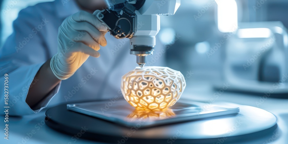 Poster engineer technician mechanical concept. a scientist uses a microscope to examine a delicate, illumin