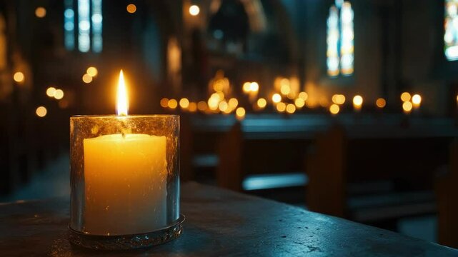 Burning candle set on a table, illuminating quiet interior of church, with rows of pews in the background.