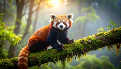 Fototapeta premium Red Panda on Mossy Tree