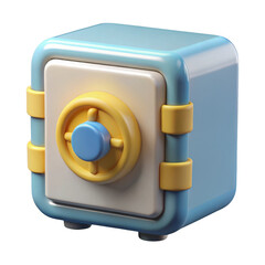 Stylized 3d cartoon safe with yellow and blue accents isolated on transparent background