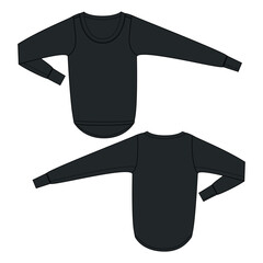 Long sleeve blouse t shirt tops technical drawing fashion flat sketch vector illustration black color  template for ladies