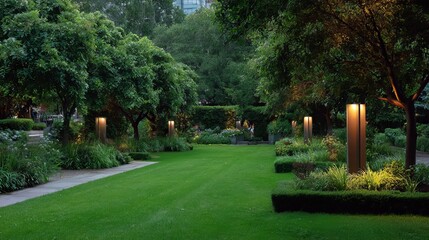 Fototapeta premium Serene green garden illuminated by soft lights, creating a tranquil evening atmosphere.