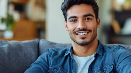 A young man with a beard and mustache is smiling broadly while sitting on a gray couch. He's dressed in casual denim and wearing a gray t-shirt underneath. - Powered by Adobe