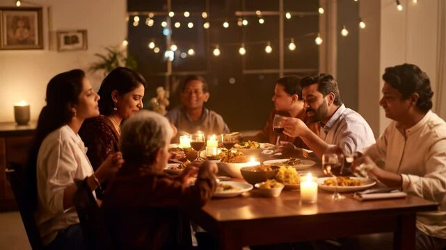 Festive family gathering around a dinner table, lit by candles and string lights