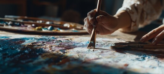 Obraz premium Close-Up of Hands Painting on Canvas with Vintage Color Grading, Dusty Sunlight, Soft Lens Blur, Artistic Mess, Shot in 35mm Film Style, Emotional and Nostalgic Mood