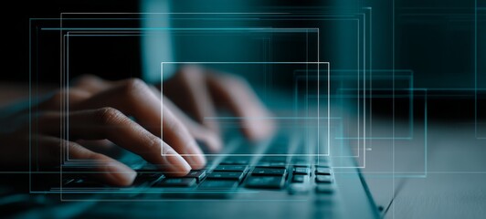 Cool-toned image analysis overlays with bounding boxes and outlines in right third, defocused hands on keyboard background, clean flexible layout with large blank space for text or branding

