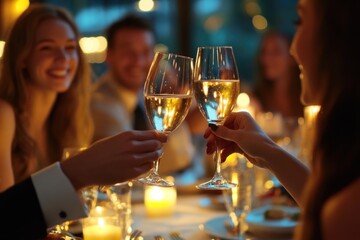 Celebration scene at upscale restaurant, clinking glasses, joyful expressions, fine dining