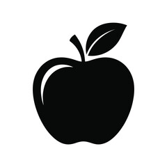 Simple black silhouette of an apple with a stem and leaf on a white background